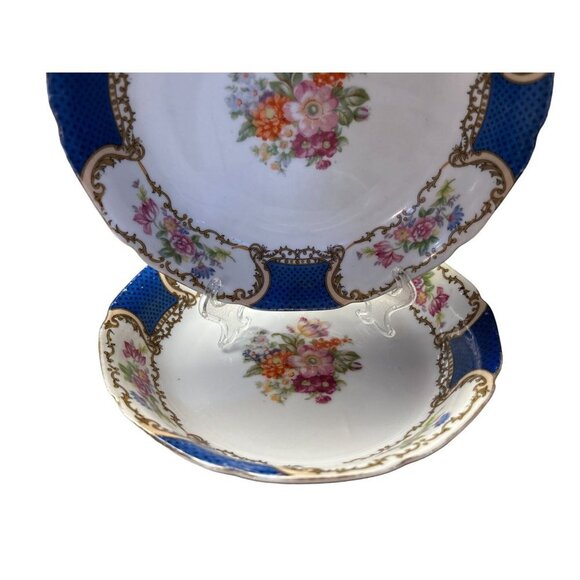 Set of 2 Gold Castle Japan GCA-2 Soup Bowls Plates Blue Rim Floral Design Scroll - Picture 7 of 8